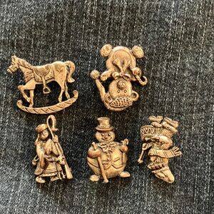 Whimsical pewter (silver tone) Christmas brooches